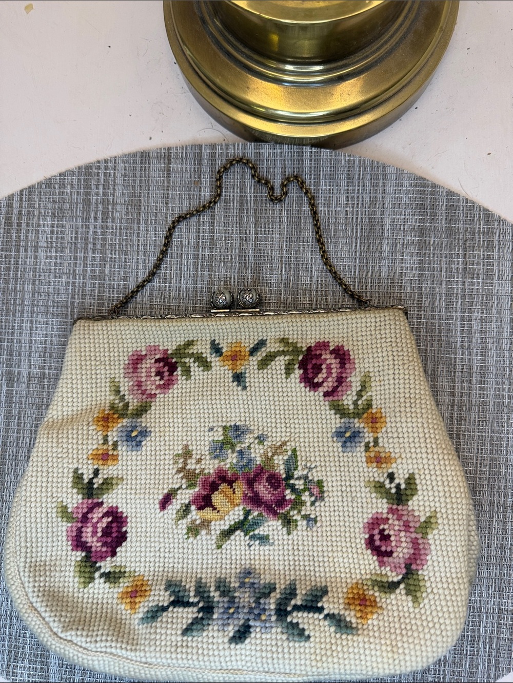 Cream Floral Needlepoint Clutch with Chain Handle
